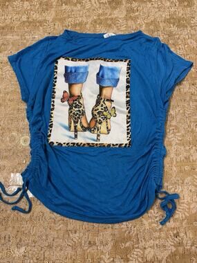 Women Coquette Short Sleeve T Shirt Graphic Shoes Rhinestones Top Blue sz M